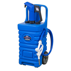 The Sealey Mobile Dispensing Tank 55L with AdBlue® Pump - Blue (DT55BCOMBO1) features a polyethylene construction and includes a pump, hose, and nozzle. With a generous 55L capacity and convenient wheels for easy transportation, it's perfect for hassle-free diesel distribution.