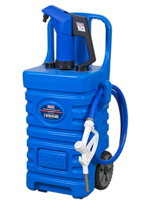 The Sealey Mobile Dispensing Tank 55L with AdBlue® Pump - Blue (DT55BCOMBO1) features a polyethylene construction and includes a pump, hose, and nozzle. With a generous 55L capacity and convenient wheels for easy transportation, it's perfect for hassle-free diesel distribution.