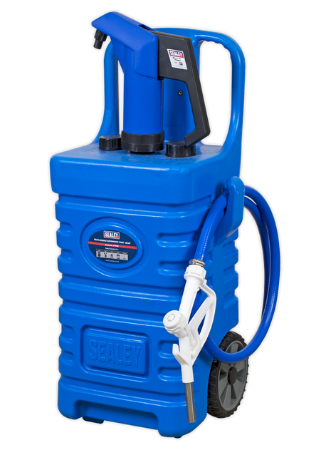 The Sealey Mobile Dispensing Tank 55L with AdBlue® Pump - Blue (DT55BCOMBO1) features a polyethylene construction and includes a pump, hose, and nozzle. With a generous 55L capacity and convenient wheels for easy transportation, it's perfect for hassle-free diesel distribution.