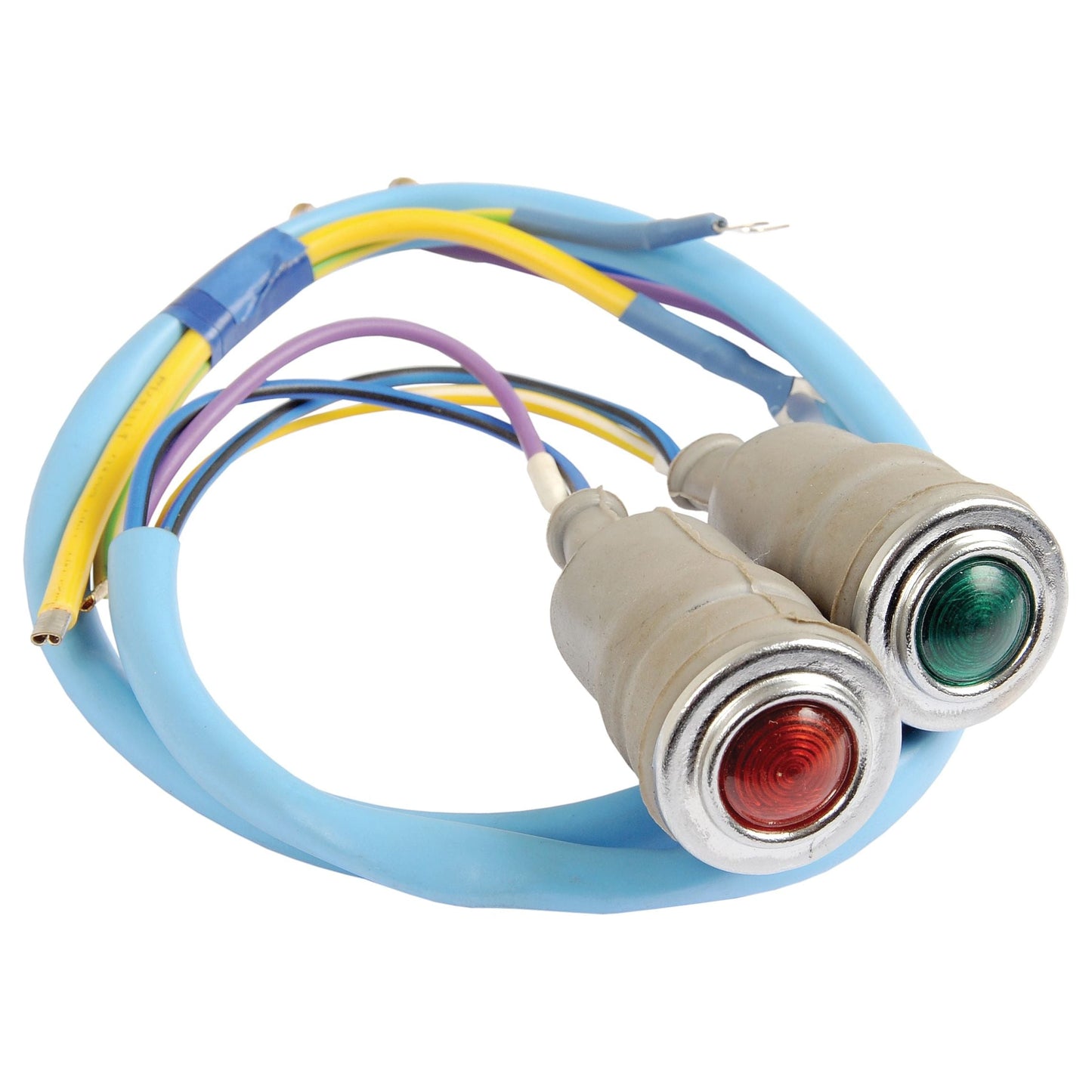 A coiled blue cable featuring two small, round indicator lights—one red and one green—at one end and several exposed wires at the other, reminiscent of the precision found in Massey Ferguson equipment, similar to the design and quality of Dashboard Panel Lights from Sparex (Part No. S.67922).