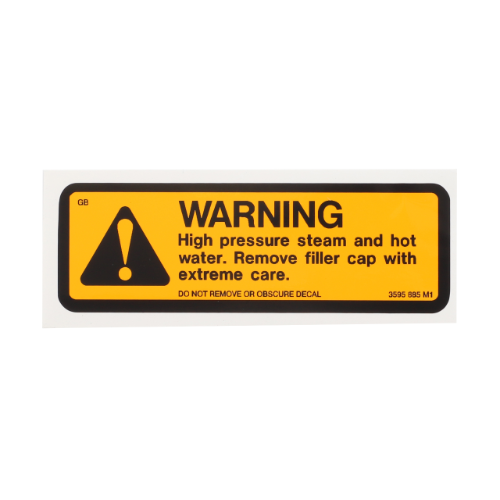 A yellow and black warning sign from AGCO reads: "WARNING. High pressure steam and hot water. Remove filler cap with extreme care. DO NOT REMOVE OR OBSCURE DECAL for Massey Ferguson tractors - Decal Warning - 3595685M1.
