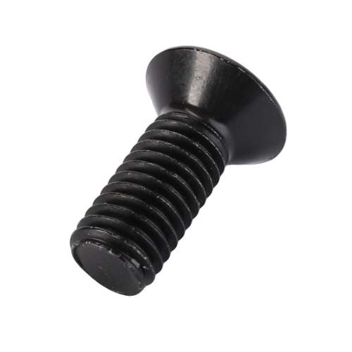 The AGCO Massey Ferguson Door Hinge Bolt, model 3477155M1, is a black metal screw with a flat, countersunk head and threaded M8x20mm shaft, angled slightly to the right—ideal for use in Massey Ferguson equipment.