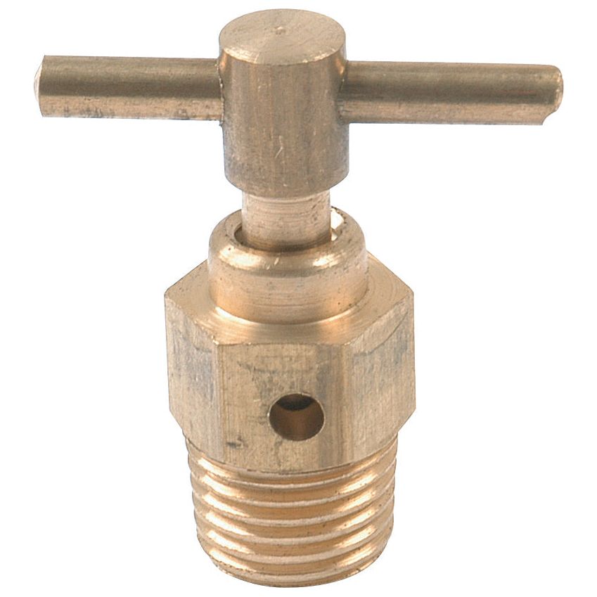 The Sparex Drain Tap (Sparex Part No. S.63097) features a brass valve with a T-shaped handle and BSP threaded base, making it ideal for use as a drain tap.
