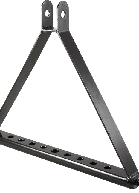 The Drawbar Hitch System (Cat. 1) by Sparex is a black, triangular metal bracket with an ideal overall height for various setups. It features two holes at the top for mounting and a horizontal bar at the base with nine evenly spaced holes, measuring 730mm in total length.
