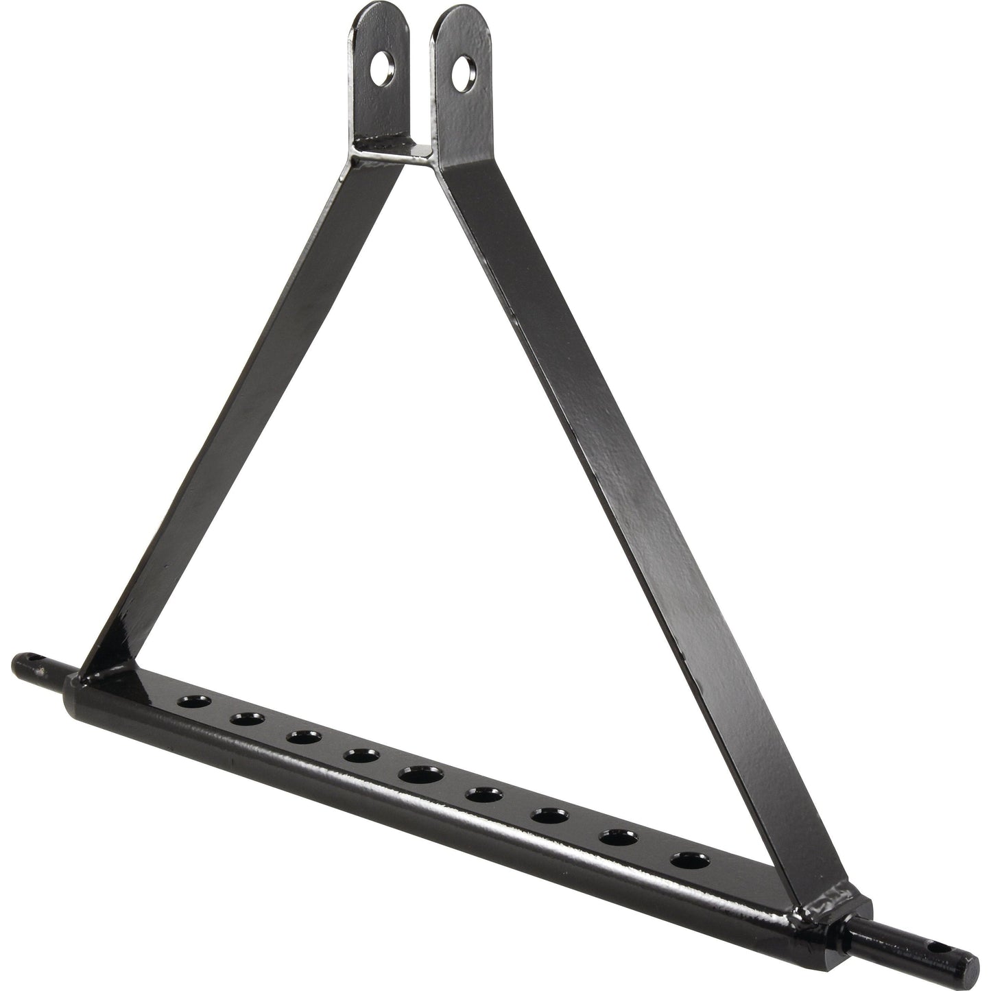 The Drawbar Hitch System (Cat. 1) by Sparex is a black, triangular metal bracket with an ideal overall height for various setups. It features two holes at the top for mounting and a horizontal bar at the base with nine evenly spaced holes, measuring 730mm in total length.