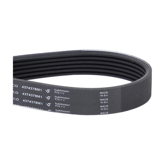 Close-up of a black AGCO Massey Ferguson Drive Belt with text "4374378M1" and "Made in EU" printed on it, essential for DYNA VT systems.