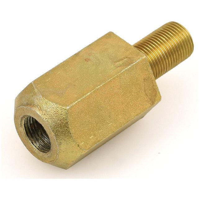 An image of the Sparex Dual Wheel Adaptor 3/4'' x 3/4'' UNF (Sparex Part No. S.16028) featuring a hexagonal brass body with a threaded male end and a threaded female end, designed for connecting two components.