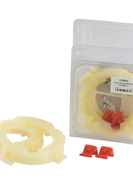 Two beige circular rings and two red plastic components are displayed next to a transparent package containing an identical set. The package, branded with Agripak, features a barcode and instructions and is labeled "EASYLOCK BEARINGS 2X67MM X-L | Sparex Part No.S.59643" by Sparex.