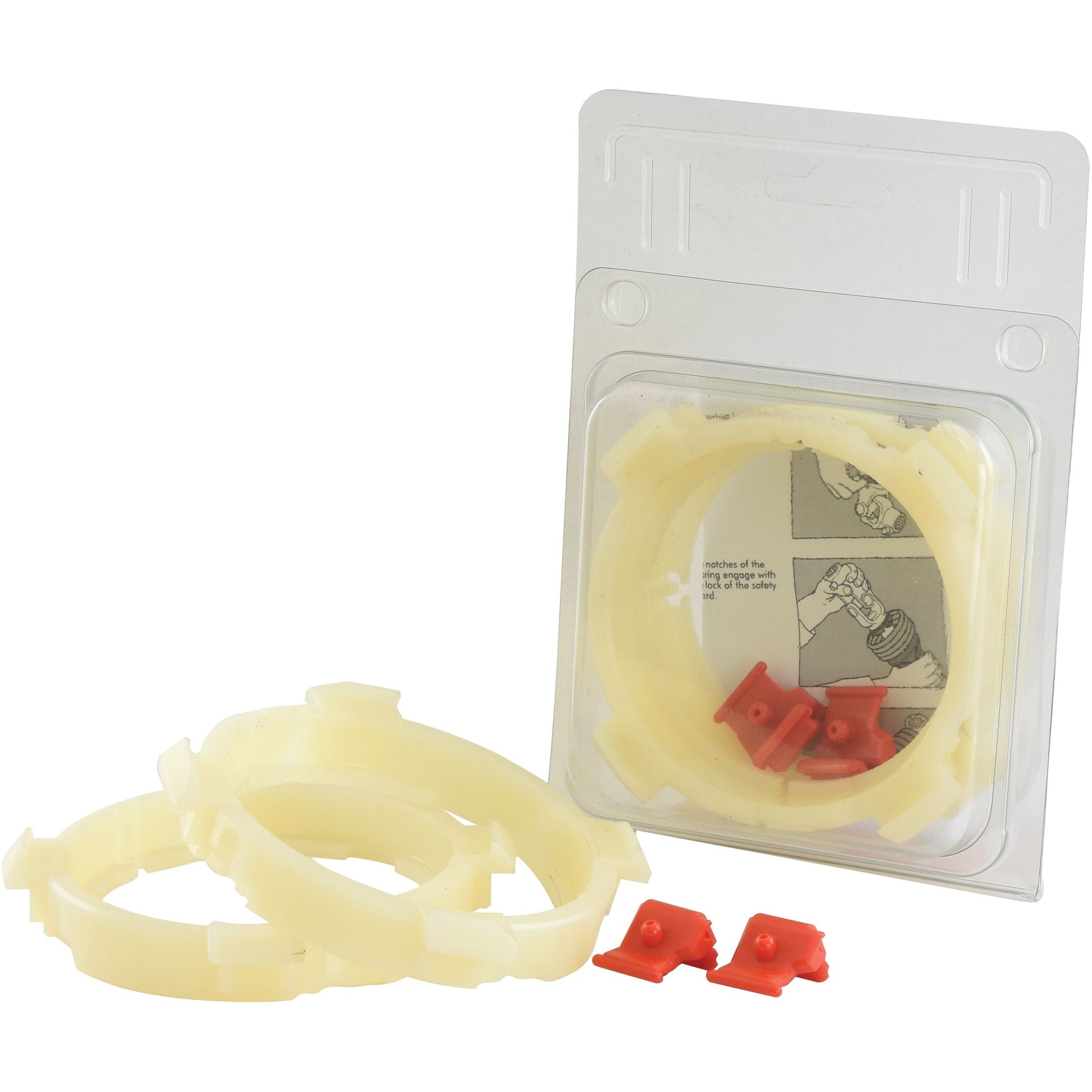 Plastic hardware components, including three beige rings and red clips, displayed next to a partially open blister package with an illustration of Sparex EASYLOCK BEARINGS 2X82MM X-L (Sparex Part No. S.59633).