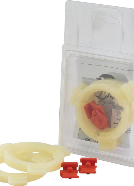 Two beige plastic rings and two small red plastic components, designed for the *SPECIAL PRICE* - EASYLOCK BEARINGS 2x50mm MED from JMCE DEALS, are displayed next to a partially open clear plastic packaging.