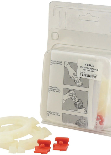 Plastic packaging containing installation instructions and white circular plastic parts accompanied by two small red plastic clips, all part of the Sparex EASYLOCK BEARINGS 40/47MM MED, Sparex Part No. S.59635.