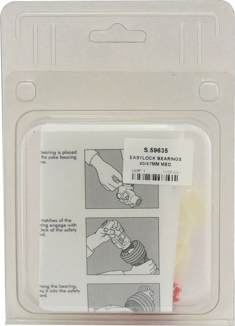 Here is a sealed package containing the EASYLOCK BEARINGS 40/47MM MED (Sparex Part No. S.59635) from Sparex. The packaging includes an illustrated instruction sheet that details the assembly process. A label with product information is affixed to the front, highlighting its compatibility with the Italian Series PTO EasyLock Guard Rings.