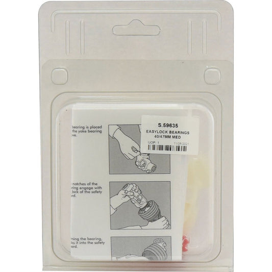 Here is a sealed package containing the EASYLOCK BEARINGS 40/47MM MED (Sparex Part No. S.59635) from Sparex. The packaging includes an illustrated instruction sheet that details the assembly process. A label with product information is affixed to the front, highlighting its compatibility with the Italian Series PTO EasyLock Guard Rings.
