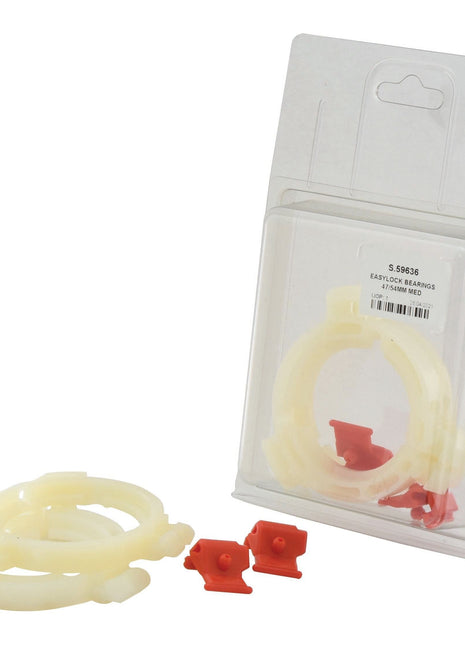 Plastic packaging containing 47/54MM white plastic rings and two small red plastic components, with additional parts lying outside the package. Includes EASYLOCK BEARINGS 47/54MM MED by Sparex (Sparex Part No. S.59636).