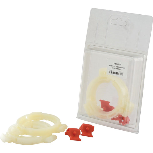 Plastic packaging containing 47/54MM white plastic rings and two small red plastic components, with additional parts lying outside the package. Includes EASYLOCK BEARINGS 47/54MM MED by Sparex (Sparex Part No. S.59636).