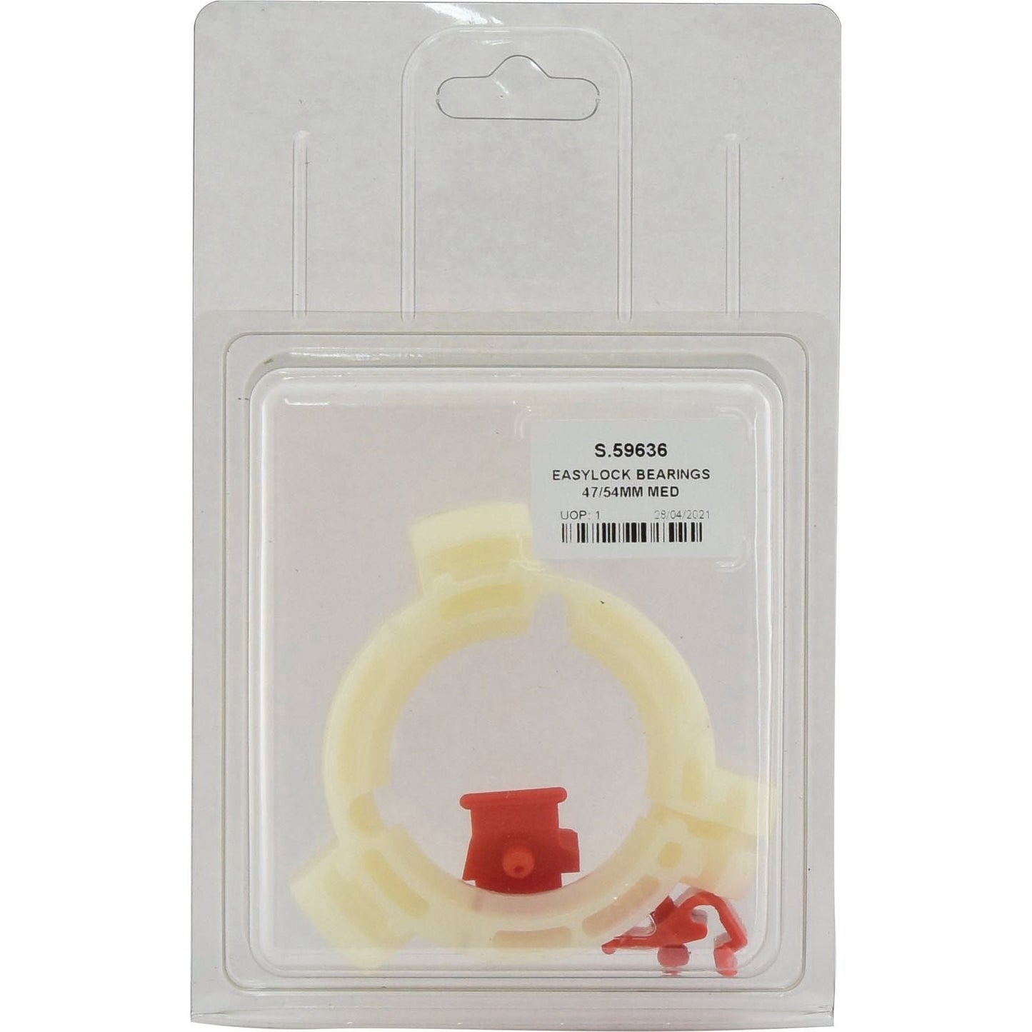 EASYLOCK BEARINGS 47/54MM MED, Sparex Part No. S.59636, in original packaging. Includes a white bearing and small red plastic components. This precision product from Sparex is ideal for accurate applications with bearings sized at 47/54MM.