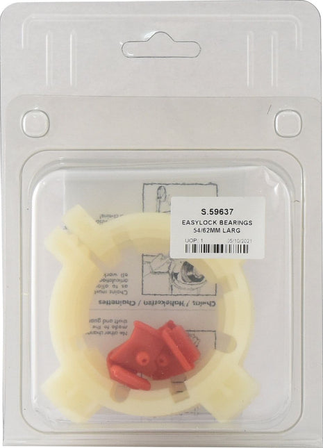 Packaging of Sparex EASYLOCK BEARINGS 54/62MM LARG (Sparex Part No. S.59637), featuring an Italian Shaft. The bearings are visible inside the transparent plastic case with red components at the center.