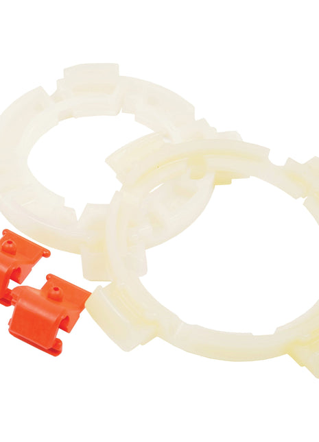 Two circular plastic components with notches and two small red plastic clips, identified as spare parts "EASYLOCK B/RINGS WEASLER A6W/A" (Sparex Part No. S.26361) from the brand Sparex, are placed on a plain white background.