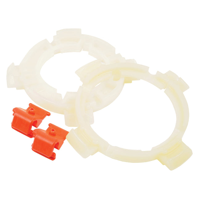 Two circular plastic components with notches and two small red plastic clips, identified as spare parts "EASYLOCK B/RINGS WEASLER A6W/A" (Sparex Part No. S.26361) from the brand Sparex, are placed on a plain white background.