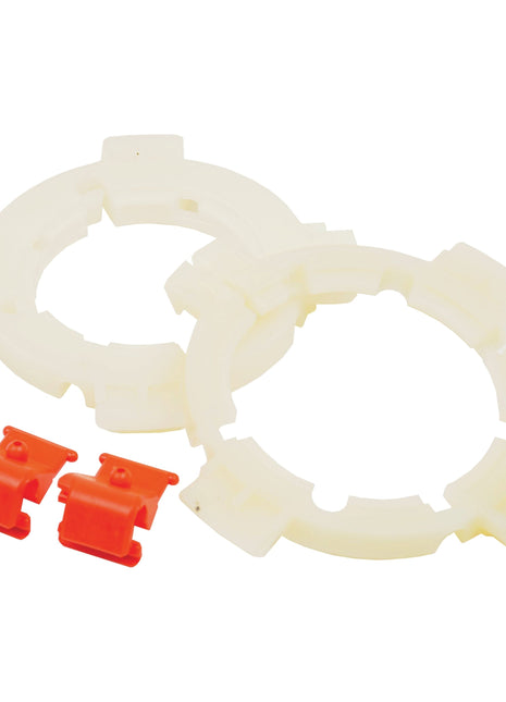Two white plastic circular EASYLOCK B/RINGS WWE2380 (Sparex Part No.S.20237) with locking cutouts, and two small red Weasler WWE2480/2580 plastic clips placed beside them.