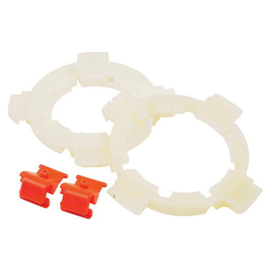 Two white plastic circular EASYLOCK B/RINGS WWE2380 (Sparex Part No.S.20237) with locking cutouts, and two small red Weasler WWE2480/2580 plastic clips placed beside them.