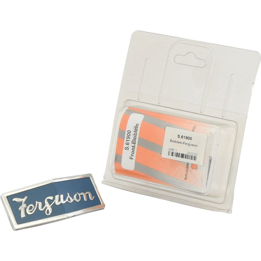 A packaged Emblem for Ferguson (Sparex Part No. S.61900) by Sparex is displayed in plastic packaging, alongside an identical Massey Ferguson emblem laid out beside it.