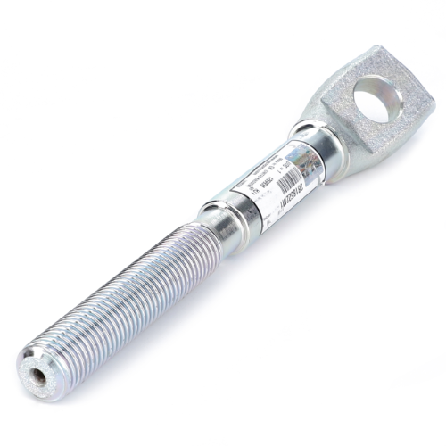 Close-up image of an AGCO Massey Ferguson - End Stabiliser - 3818522M1 with a threaded rod, a loop end, and a product label wrapped around its middle section, similar to those used in the Massey Ferguson 4300 Series.