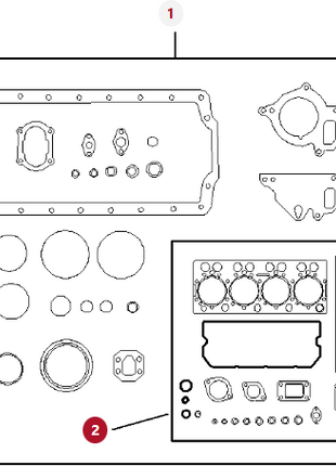 An exploded diagram illustrating various components of the engine assembly, including gaskets, seals, and covers, with one component labeled "1" and the entire diagram labeled "2", specifically tailored for Massey Ferguson and Valtra models featuring the AGCO Massey Ferguson Engine Gasket Kit (V837062723).