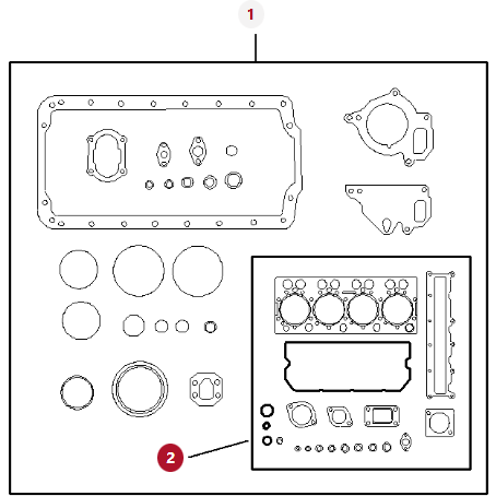 An exploded diagram illustrating various components of the engine assembly, including gaskets, seals, and covers, with one component labeled "1" and the entire diagram labeled "2", specifically tailored for Massey Ferguson and Valtra models featuring the AGCO Massey Ferguson Engine Gasket Kit (V837062723).