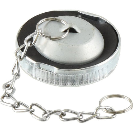 A silver drain plug with an attached chain, designed for Landini 4000 tractors, provides a secure fit akin to the Sparex Engine Oil Cap (Part No.S.41571).