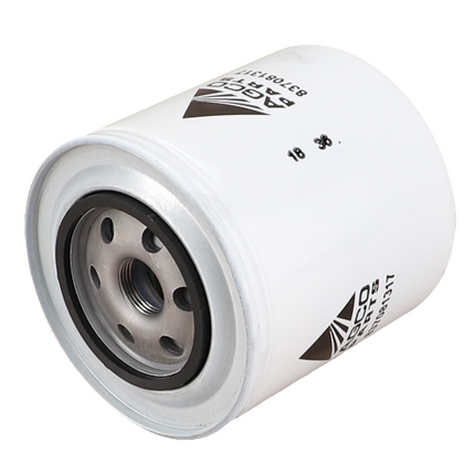 The AGCO Massey Ferguson - Engine Oil Filter - V837079728 is a white cylindrical oil filter with metallic ends and a central threaded hole, featuring printed text and logos on its surface, suitable for the Massey Ferguson 5700 Series.