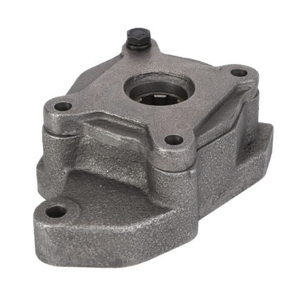 A gray, cast metal part with a central circular hole and multiple threaded and non-threaded holes, identified as the Massey Ferguson Engine Oil Lift Pump - 3637489M91 by AGCO, likely an engine oil pump component for the CX Series or Massey Ferguson machinery.