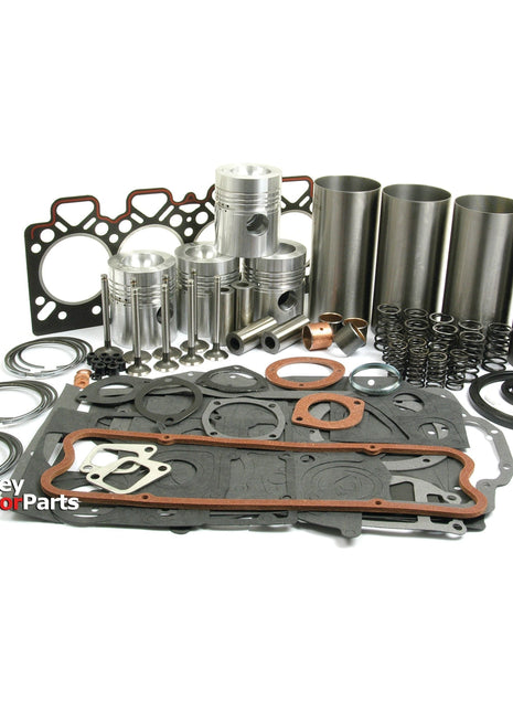 A collection of tractor engine parts, including pistons, gaskets, cylinder liners, and rings, displayed on a white background. The parts are labeled "Engine Overhaul Kit with Valve Train (Semi Finished) - S.40397" by Sparex and are designed for the Perkins Engine A4.248 series.