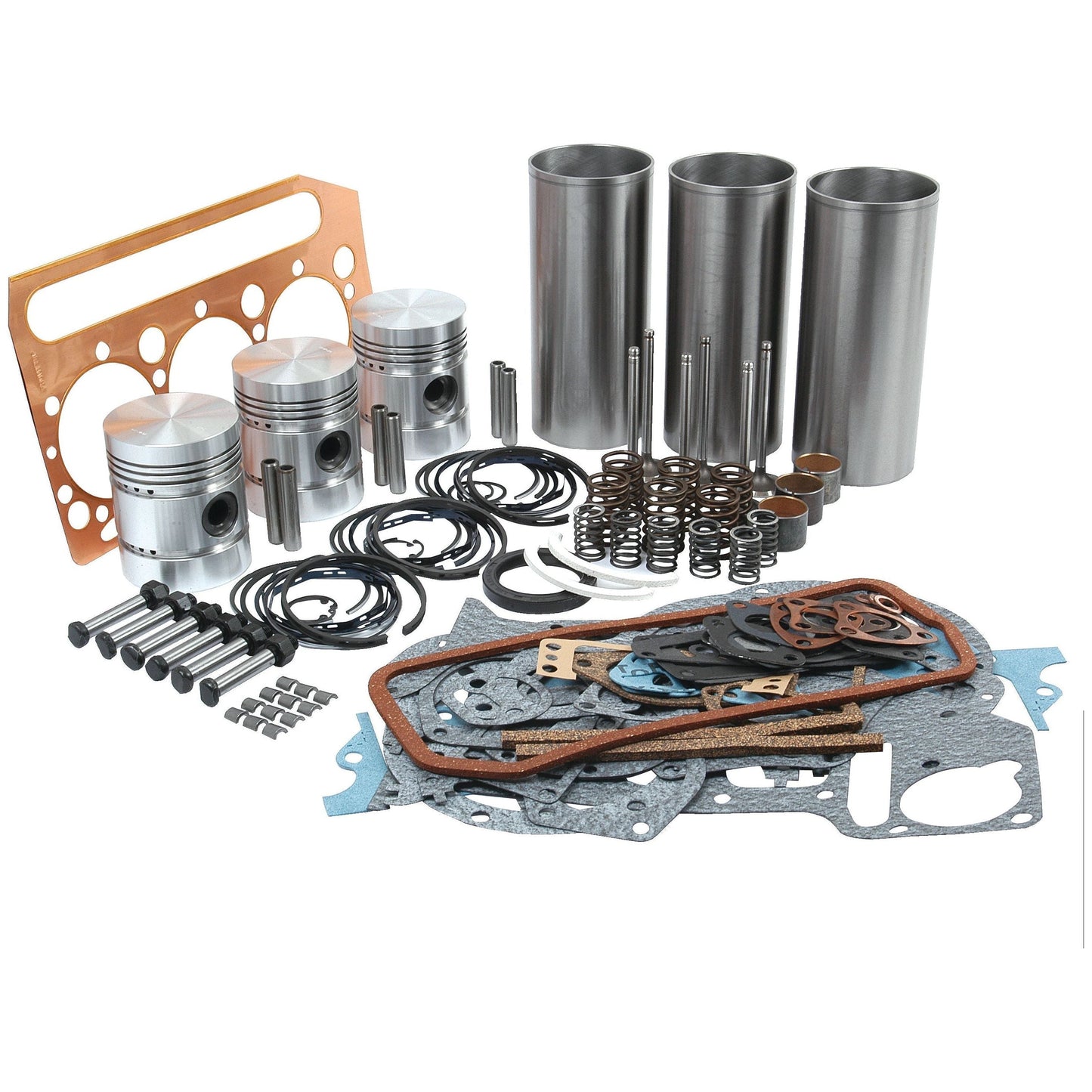 An assortment of automotive engine components, such as pistons, gaskets, cylinder liners, bolts, and O-rings from the Sparex Engine Overhaul Kit with Valve Train (Finished) - S.40368 is displayed on a white background.