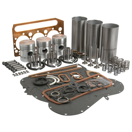 An Engine Overhaul Kit with Valve Train (Chrome) - S.40369 by Sparex, including pistons, cylinders, valves, gaskets, bolts, and springs from the A3.152 engine model displayed on a white background.