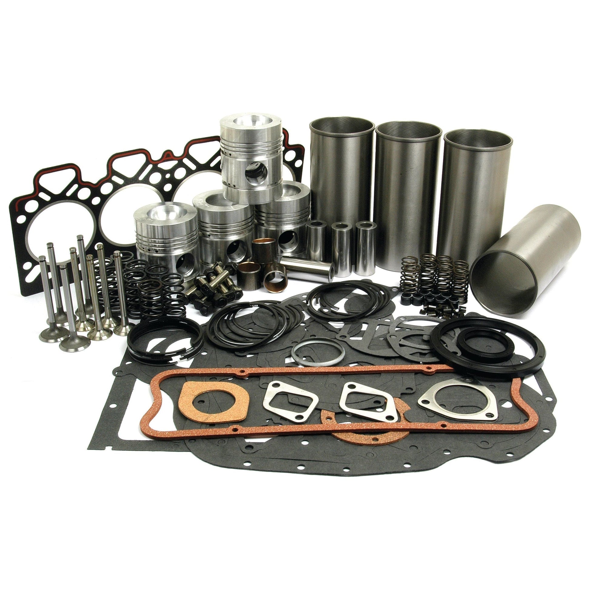 A variety of automotive engine parts arranged on a white surface, including pistons, gaskets, valves, springs, and cylinder liners from the Sparex Engine Overhaul Kit with Valve Train (Finished) - S.40378 for a Perkins Engine.