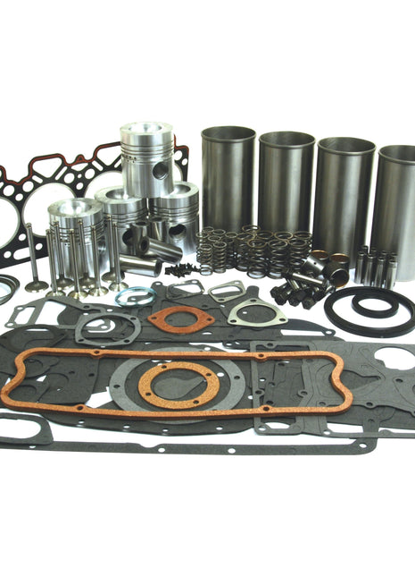 An Engine Overhaul Kit with Valve Train (Finished) - S.40380, by Sparex, featuring an assortment of pistons, cylinder liners, valve train components, and various seals for a Perkins Engine, laid out on a white surface.