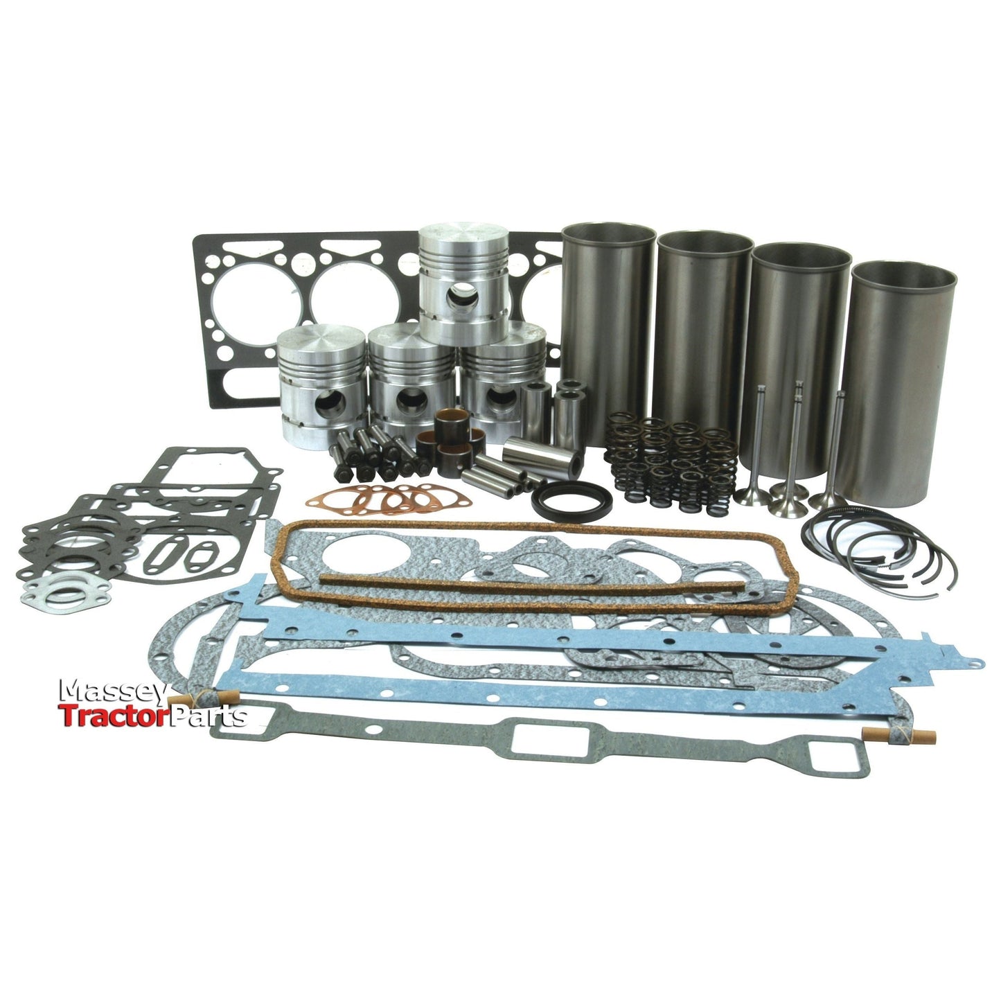 A variety of tractor engine parts, including gaskets, pistons, cylinder liners, and valves, are arranged on a white background. The text "Massey Tractor Parts" is visible in the image. Highlighting the quality of Perkins Engine components suitable for an A4.203 engine overhaul kit with Valve Train (Finished) - S.40382 by Sparex.