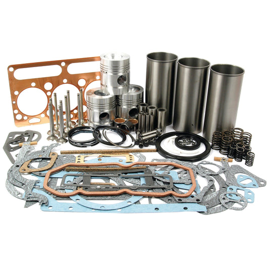 A meticulously arranged display of the Sparex Engine Overhaul Kit with Valve Train (Semi Finished) - S.40390 components, including pistons, cylinder liners, bolts, seals, and various miscellaneous parts on a white background—an ideal kit for overhauling your engine.
