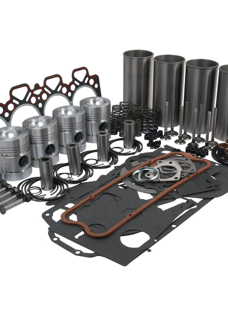 A meticulously arranged ensemble of engine components, featuring pistons, gaskets, cylinder liners, and various seals and rings, displayed on a white background. Ideal for individuals servicing the Perkins Engine Model A4.236 or those in need of a complete Valve Train Kit for maintenance purposes; this is the perfect solution offered by Sparex with their Engine Overhaul Kit with Valve Train (Semi Finished) - S.40396.
