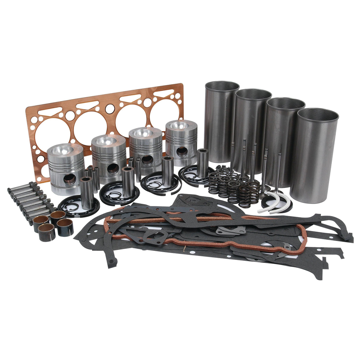 A full Engine Overhaul Kit with Valve Train (Finished) - S.41601 for a Perkins engine, including pistons, piston rings, cylinder liners, valve train components, gaskets, springs, and other parts placed on a white background by Sparex.