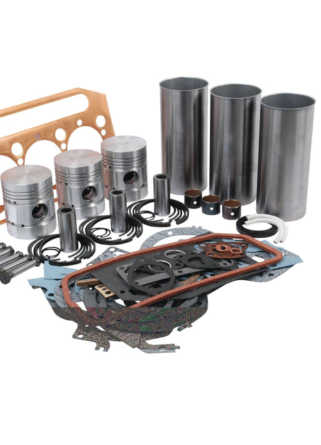 A comprehensive Engine Overhaul Kit without Valve Train (Chrome) - S.41882 by Sparex for the Perkins Engine, featuring pistons, cylinder liners, gaskets, seals, and bolts arranged neatly.