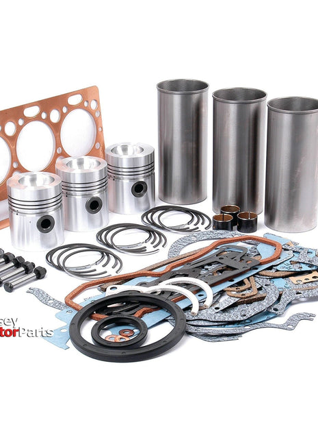 A meticulously arranged engine overhaul kit, including pistons, cylinders, gaskets, seals, rings, and various components. The "Massey Tractor Parts" logo is prominently displayed in the bottom-left corner. This Sparex Engine Overhaul Kit without Valve Train (Finished) - S.41885 is ideal for users of the AD3.152 Engine Model who trust Sparex quality.