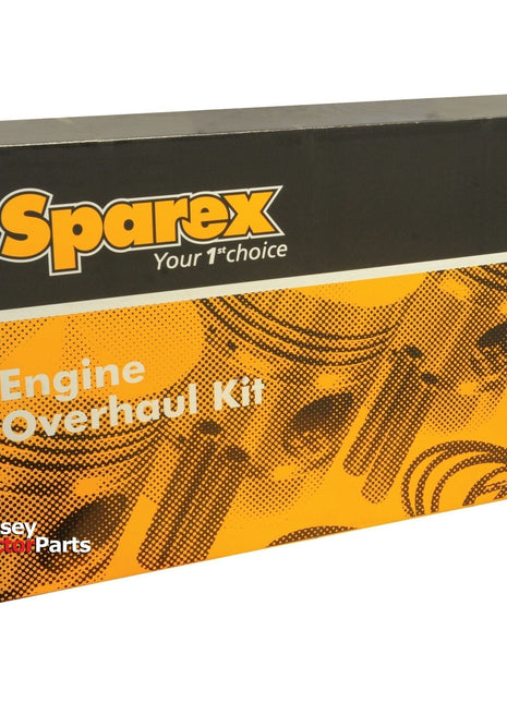Box labeled "Engine Overhaul Kit without Valve Train (Semi Finished) - S.41886" with an image of engine parts. Sparex branding on one corner.