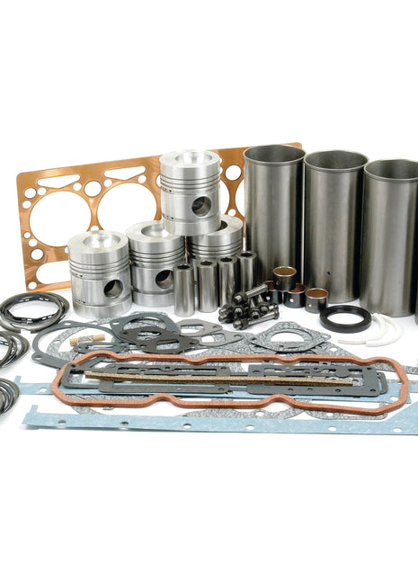 A collection of engine parts, including pistons, cylinders, gaskets, and seals from the Sparex Engine Overhaul Kit without Valve Train (Finished) - S.41898 for an AD4.203 Perkins Engine, arranged on a white background.