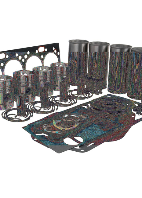 Pictured is the Sparex Engine Overhaul Kit without Valve Train (Finished) | Sparex Part No.S.41907 for Perkins Engine Model, featuring various components including pistons, piston rings, cylinder liners, gaskets, and a cylinder head gasket laid out on a flat surface.