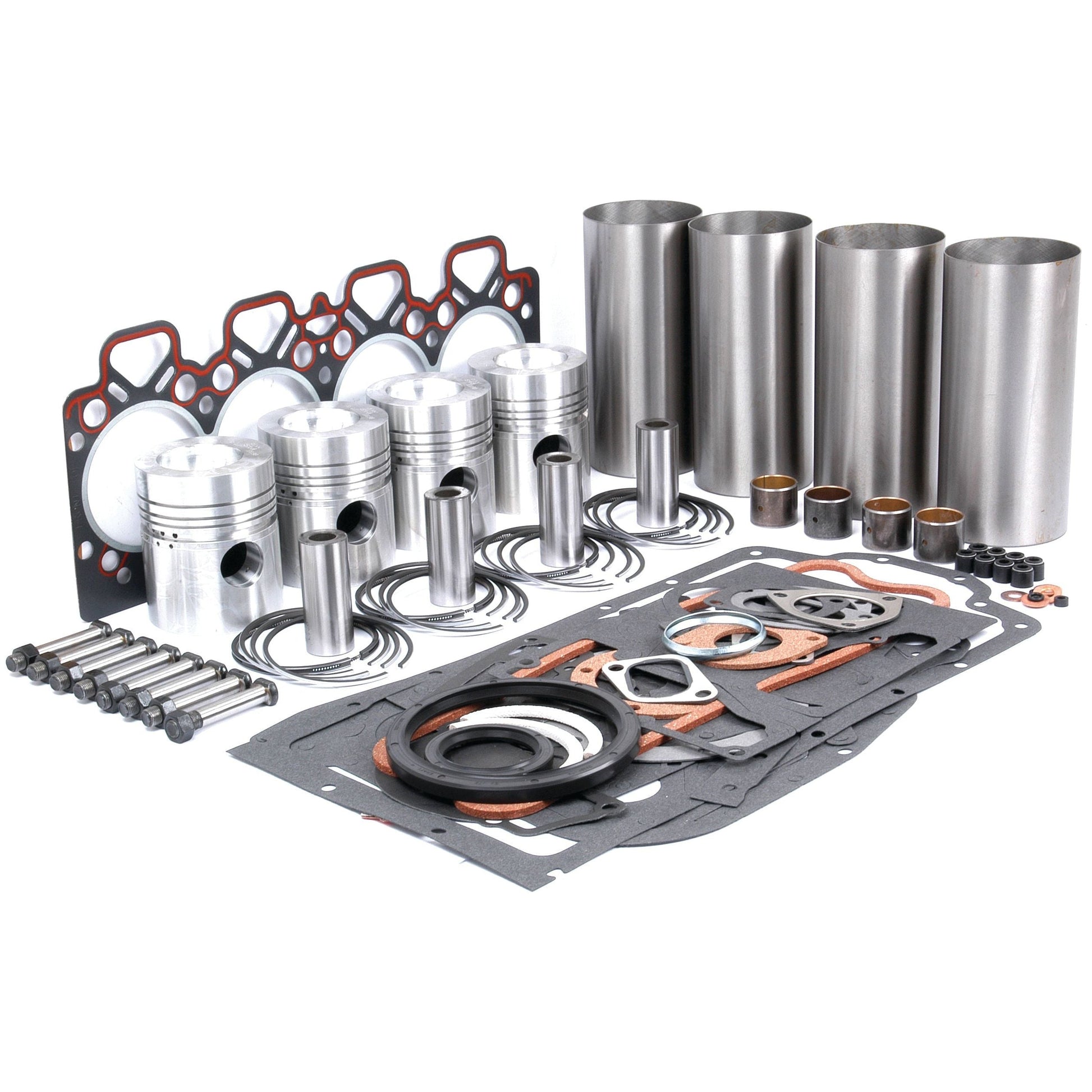 A complete set of engine parts from the Sparex Engine Overhaul Kit without Valve Train (Finished) - S.41911, including pistons, cylinders, gaskets, seals, and various metal components, arranged on a white surface.