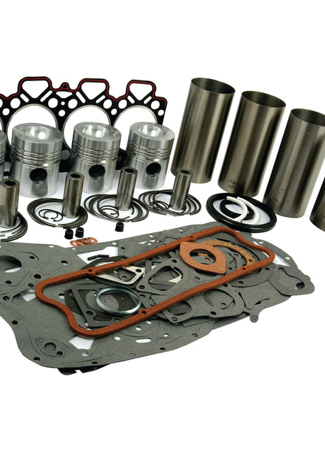 A comprehensive Sparex Engine Overhaul Kit without Valve Train (Semi Finished) - S.41912, featuring pistons, metal sleeves, gaskets, O-rings, seals, and various small parts meticulously arranged on a white background.