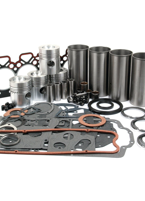 A collection of engine parts, including pistons, gaskets, cylinders, rings, and seals, arranged neatly together as part of the Sparex Engine Overhaul Kit without Valve Train (Finished) - S.41913.