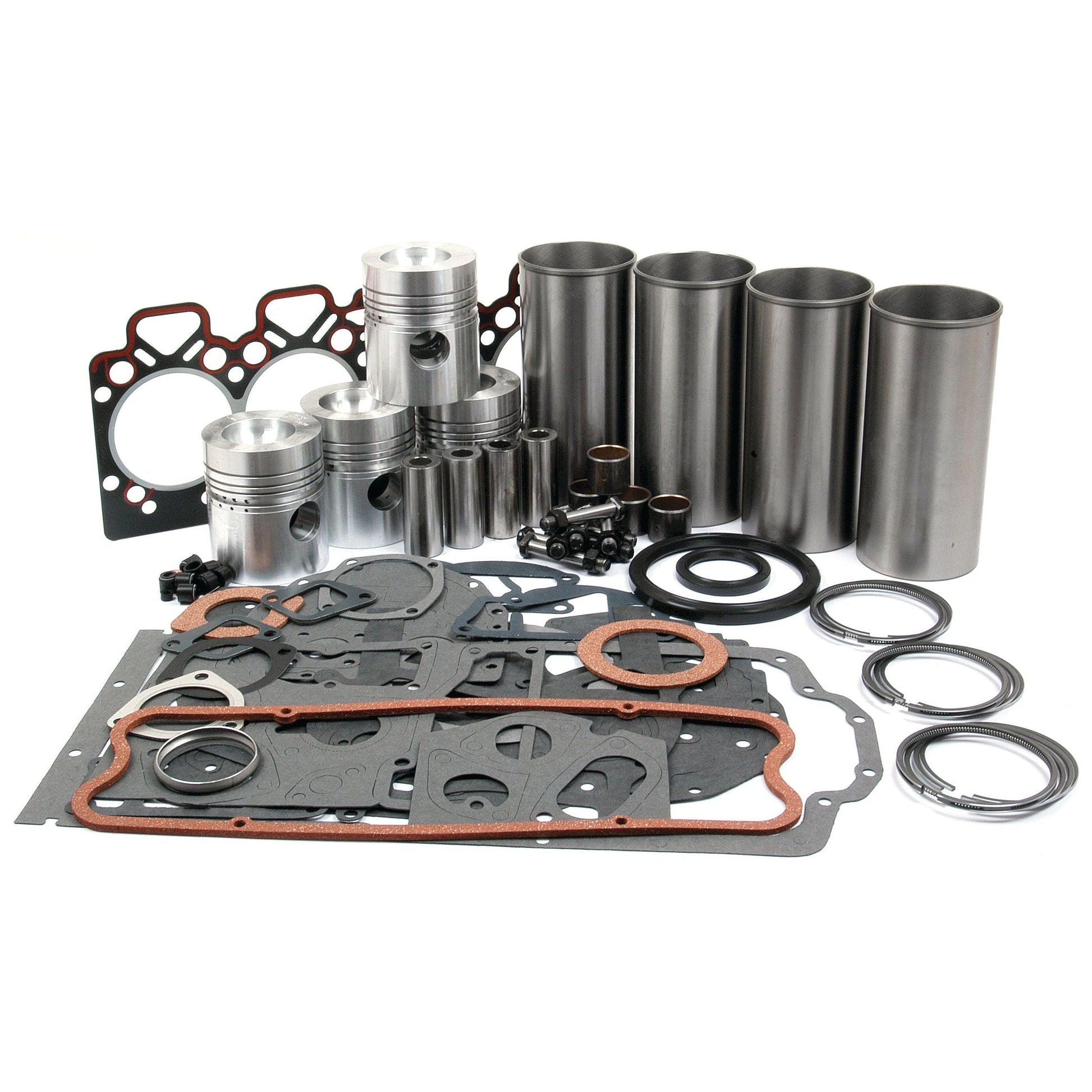 A collection of engine parts, including pistons, gaskets, cylinders, rings, and seals, arranged neatly together as part of the Sparex Engine Overhaul Kit without Valve Train (Finished) - S.41913.